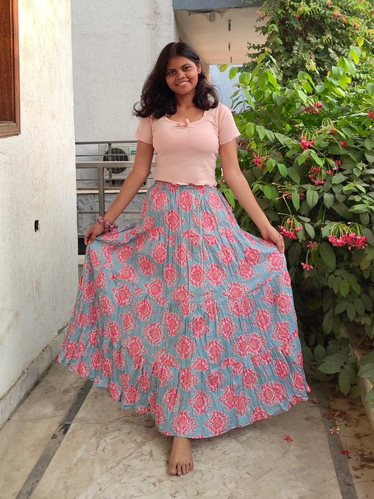 Blue long skirt with pink print